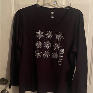 Studio Works Black Long Sleeve Top with Snowflake Design